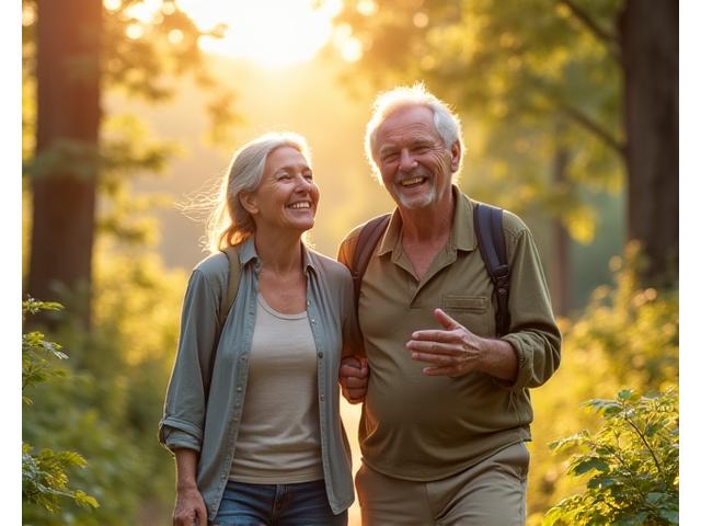 A serene, older couple enjoying a hike in nature, symbolizing healthy aging and vitality.