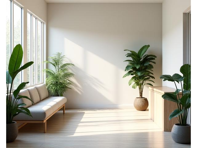Modern, serene reception area of a wellness clinic with natural light and green plants