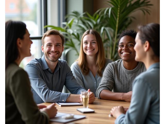 A diverse group of Portland professionals engaging in a networking event focused on wellness, showing collaboration and connection.