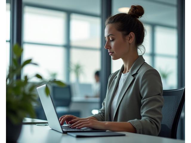 A professional in a modern office setting discreetly performing a micro-habit, such as a short stretch or deep breath, without disrupting flow.