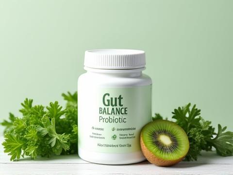 A minimalist container of 'Gut Balance Probiotic' with natural, earthy design elements.